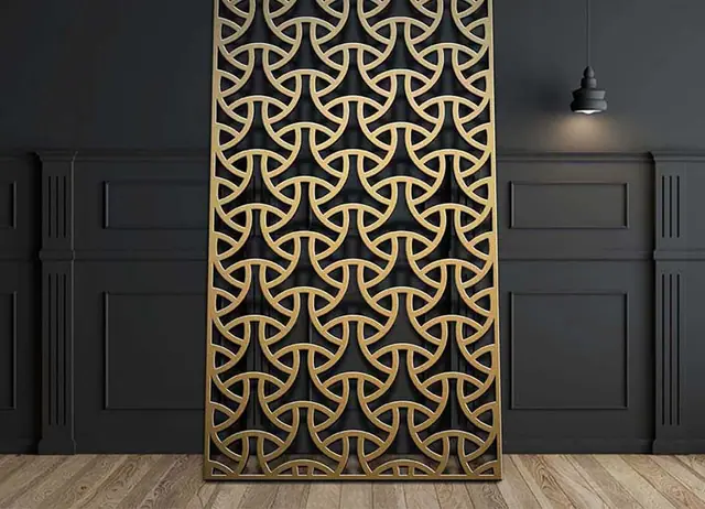 Gold finish laser-cut jaali partition